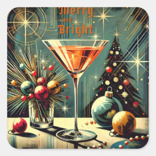 Retro 50er Merry & Bright Weihnachts-Martini Quadratischer Aufkleber