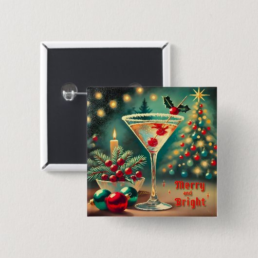 Retro 50er Merry Bright Weihnachtscocktail Martini Button (Vorne & Hinten)