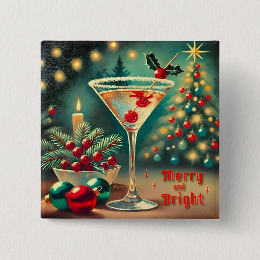 Retro 50er Merry Bright Weihnachtscocktail Martini Button (Vorderseite)