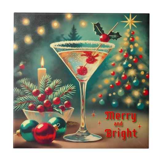 Retro 50er Merry Bright Weihnachtscocktail Martini Fliese (Vorderseite)