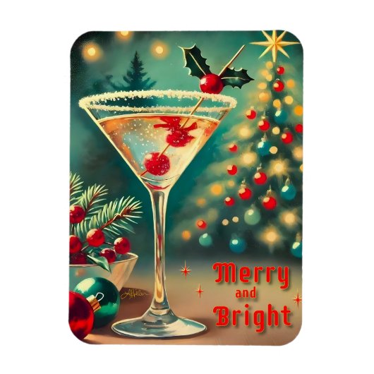 Retro 50er Merry Bright Weihnachtscocktail Martini Magnet (Vertikal)