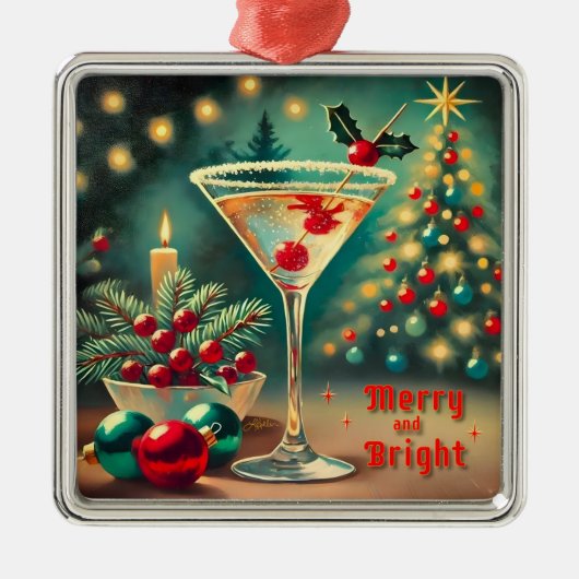 Retro 50er Merry Bright Weihnachtscocktail Martini Ornament Aus Metall (Vorne)