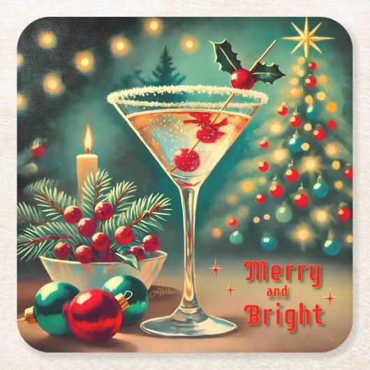 Retro 50er Merry Bright Weihnachtscocktail Martini Rechteckiger Pappuntersetzer (Vorderseite)
