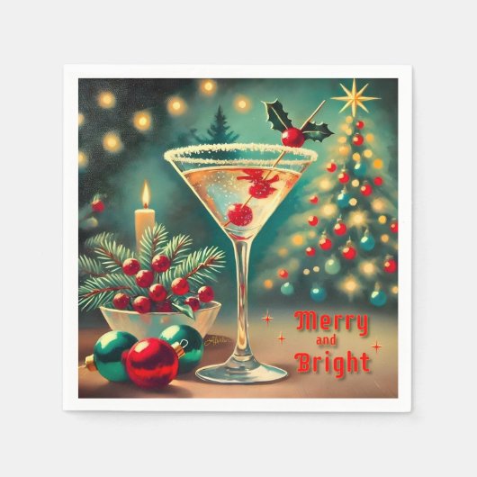 Retro 50er Merry Bright Weihnachtscocktail Martini Serviette (Vorderseite)