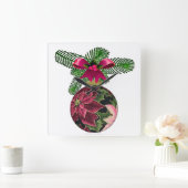 Retro 50er Poinsettia Burgund Ornament Quadratische Wanduhr (Zuhause)