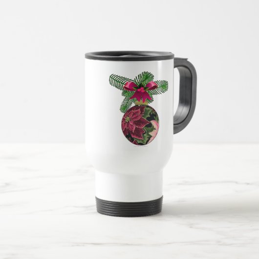 Retro 50er Poinsettia Burgund Ornament Reisebecher (VorderseiteRechts)