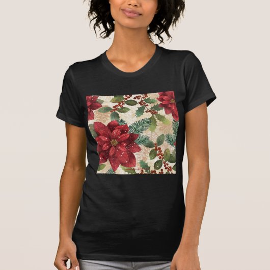 Retro 50er Poinsettia Rote Grüne Creme T-Shirt (Vorderseite)