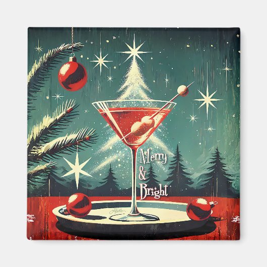 Retro 50er Schneeflocken-Weihnachtsbaum Martini Magnet (Vorne)