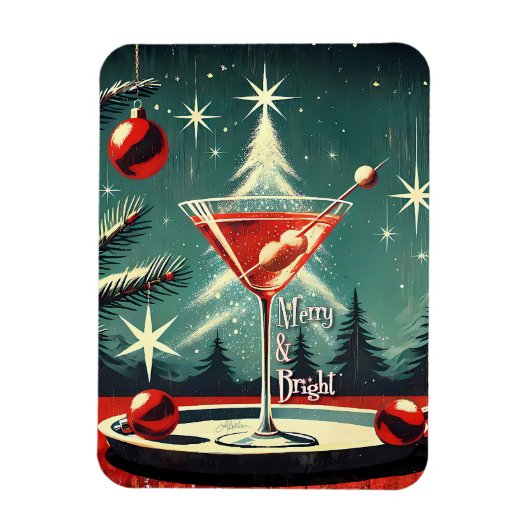Retro 50er Schneeflocken-Weihnachtsbaum Martini Magnet (Vertikal)