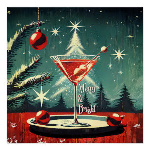 Retro 50er Schneeflocken-Weihnachtsbaum Martini Poster