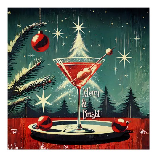 Retro 50er Schneeflocken-Weihnachtsbaum Martini Poster (Vorderseite)