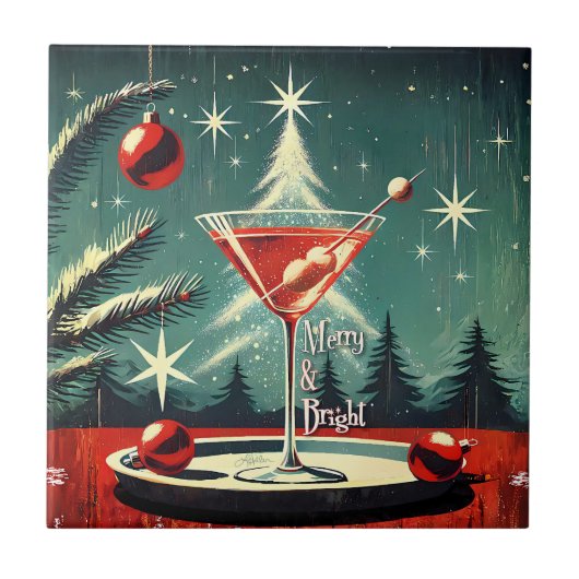 Retro 50er Schneegestöber Weihnachtsbaum Martini Fliese (Vorderseite)