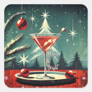 Retro 50er Schneegestöber Weihnachtsbaum Martini Quadratischer Aufkleber