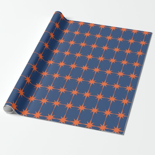 Retro 50er Sternexplosion Muster Orange und Blau Geschenkpapier (Ungerollt)