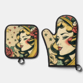 Retro 50er Style Crescent Moon Lady Ofenhandschuh & Topflappen-Set (Vorderseite)