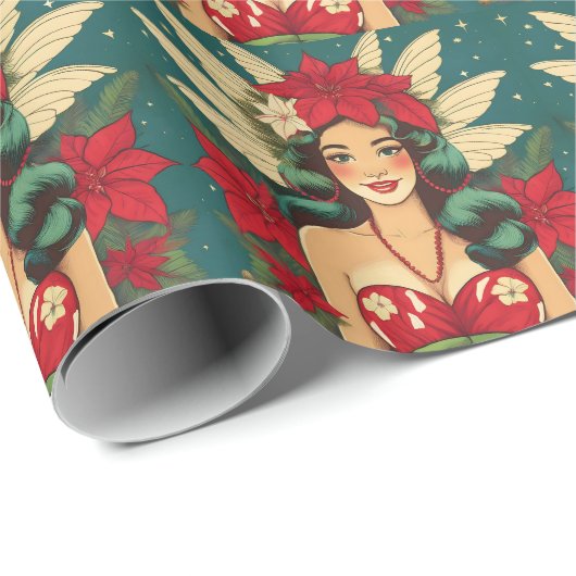 Retro 50er Tropical Christmas Button-Up Girl Geschenkpapier (Rolleneckpunkt)