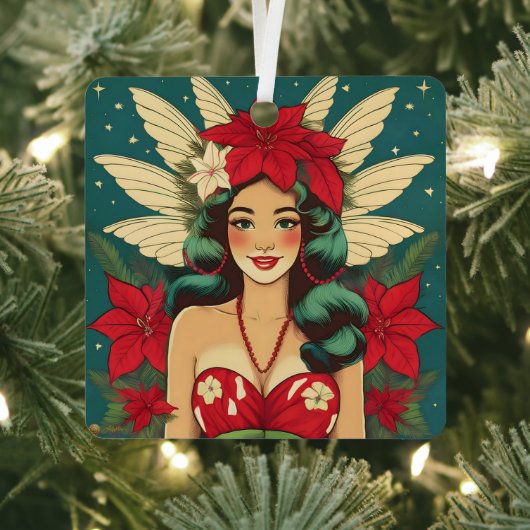 Retro 50er Tropical Christmas Button-Up Girl Ornament Aus Metall (InSitu)