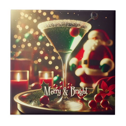 Retro 50er Weihnachtsmann Christmas Grüner Martini Fliese (Vorderseite)