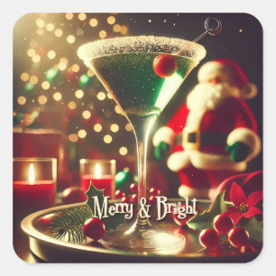 Retro 50er Weihnachtsmann Christmas Grüner Martini Quadratischer Aufkleber
