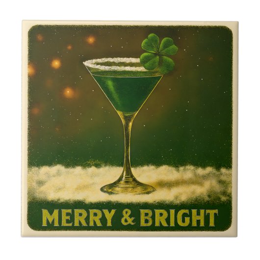 Retro 50s 4 Leaf Clover Irish Christmas Martini Fliese (Vorderseite)