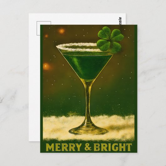 Retro 50s 4 Leaf Clover Irish Christmas Martini Postkarte (Vorne/Hinten)