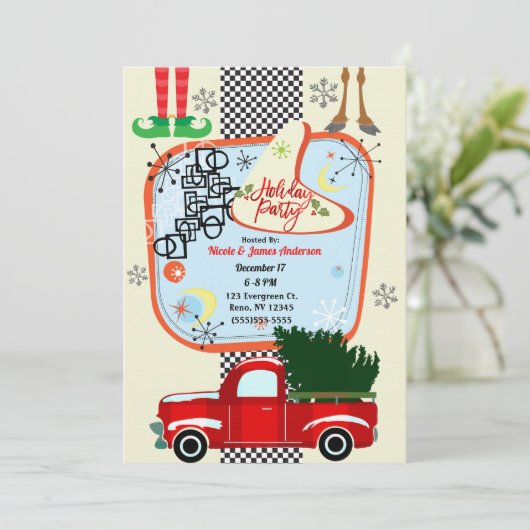 Retro 50's 60's Vintage Weihnachtsfeier Einladung (Stehend Vorderseite)