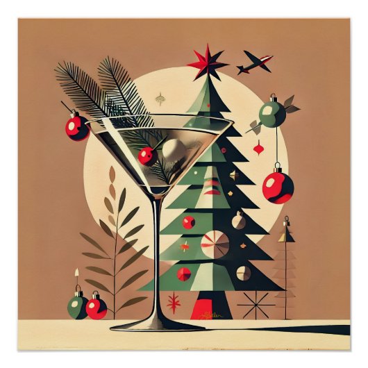 Retro 50s Jet Set Christmas Tree Martini Poster (Vorderseite)