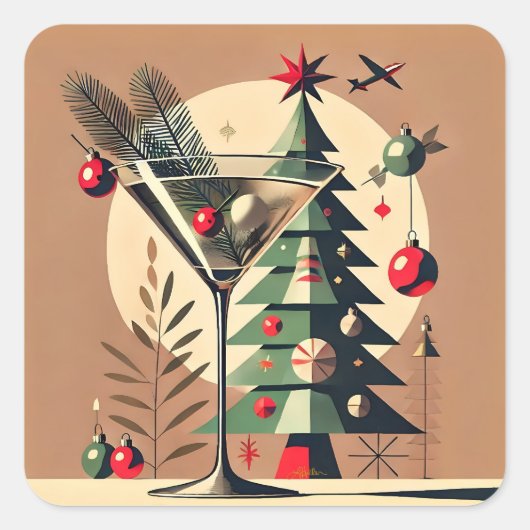 Retro 50s Jet Set Christmas Tree Martini Quadratischer Aufkleber (Vorderseite)