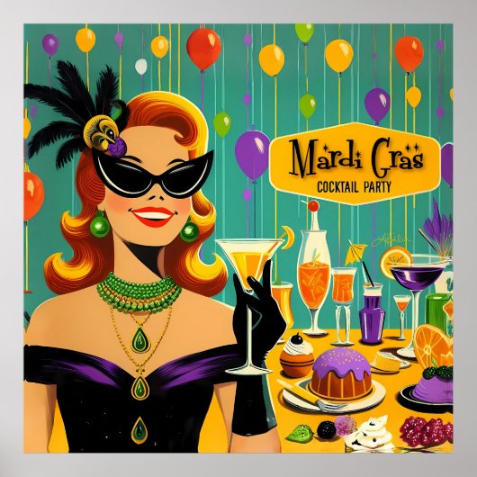 Retro 50s Mardi Gras Cocktail Party Poster (Vorne)
