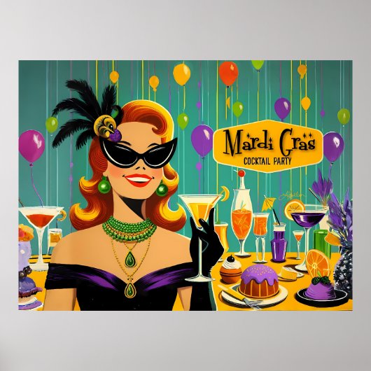 Retro 50s Mardi Gras Martini Cocktail Party Poster (Vorne)