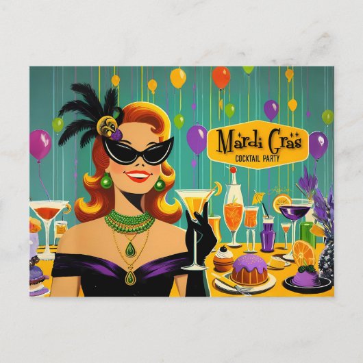 Retro 50s Mardi Gras Martini Cocktail Party Postkarte (Vorderseite)