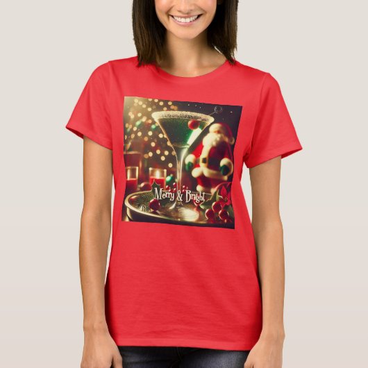 Retro 50s Santa Christmas Green Martini T-Shirt (Vorderseite)