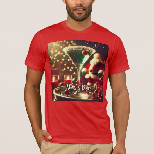 Retro 50s Santa Christmas Green Martini T-Shirt (Vorderseite)