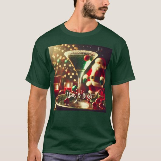 Retro 50s Santa Christmas Green Martini T-Shirt (Vorderseite)