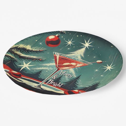 Retro 50s Snow Flurry Christmas Tree Martini Pappteller (Schrägansicht)