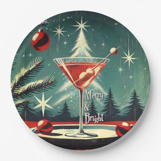 Retro 50s Snow Flurry Christmas Tree Martini Pappteller (Vorderseite)