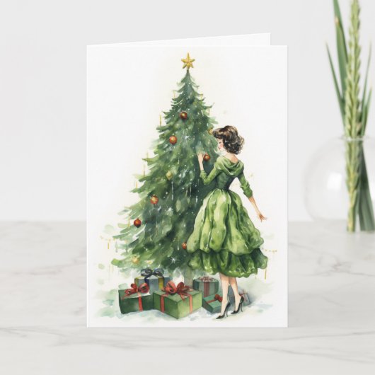 Retro 50's Woman Christmas Tree Karte (Vorderseite)