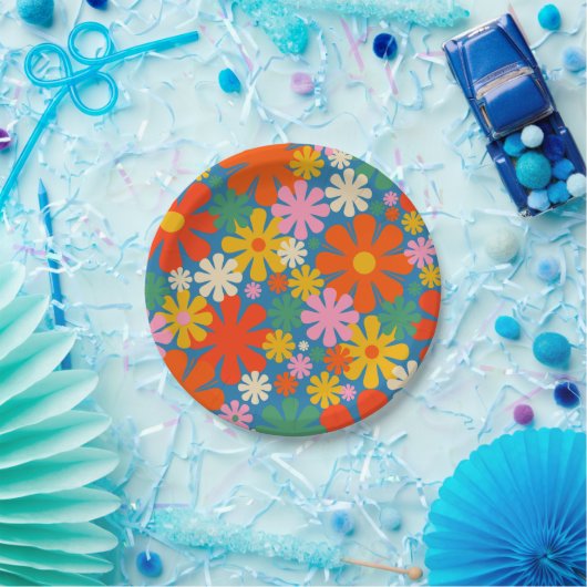 Retro 60er 70er Ästhetisch farbenfrohe Blumenmuste Pappteller (Party)