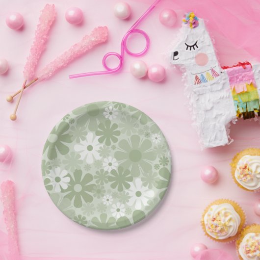 Retro 60er 70er Ästhetisch florales Muster Sage Gr Pappteller (Party)