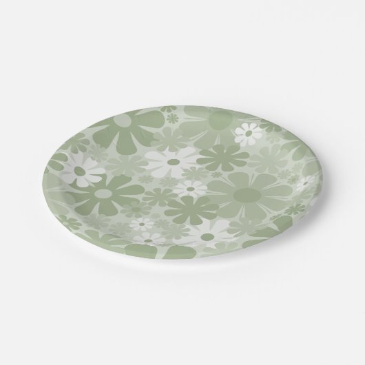 Retro 60er 70er Ästhetisch florales Muster Sage Gr Pappteller (Schrägansicht)