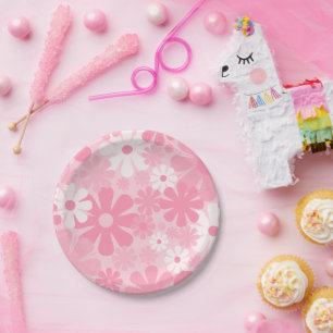 Retro 60er 70er Ästhetisch rosa Blumenmuster Pappteller