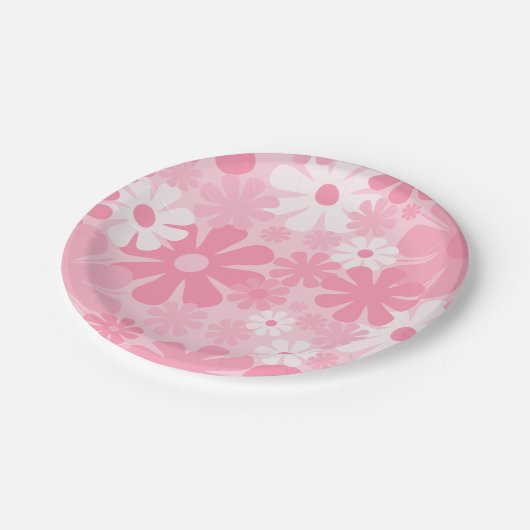 Retro 60er 70er Ästhetisch rosa Blumenmuster Pappteller (Schrägansicht)