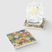 Retro 60er 70er Ästhetische Blumenmuster Square Steinuntersetzer (Seitenansicht)