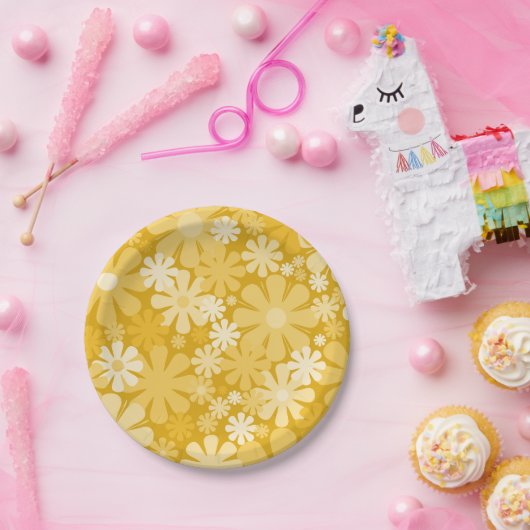 Retro 60er 70er Ästhetisches Blumenmuster Gelb Pappteller (Party)