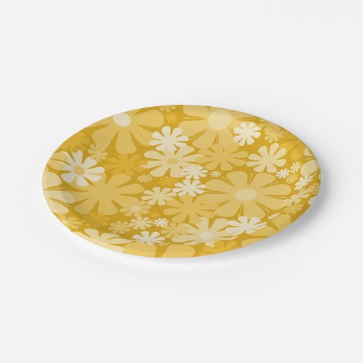 Retro 60er 70er Ästhetisches Blumenmuster Gelb Pappteller (Schrägansicht)