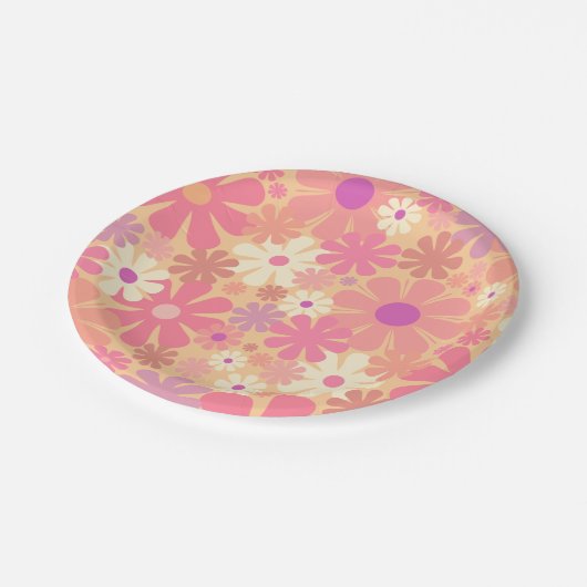 Retro 60er 70er Ästhetisches Blumenmuster Pappteller (Schrägansicht)