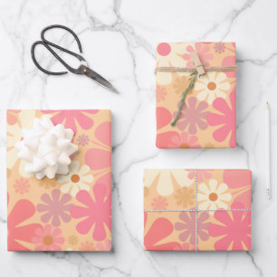 Retro 60er 70er Ästhetisches Blumenmuster Rosa Geschenkpapier Set