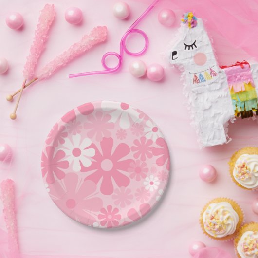 Retro 60er 70er Ästhetisches Blumenmuster Rosa Pappteller (Party)