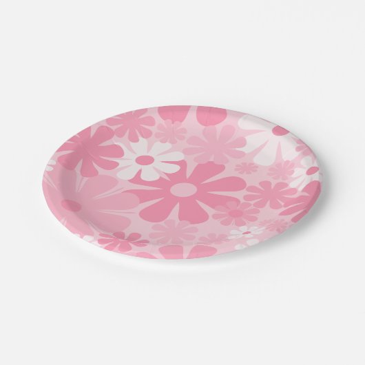 Retro 60er 70er Ästhetisches Blumenmuster Rosa Pappteller (Schrägansicht)