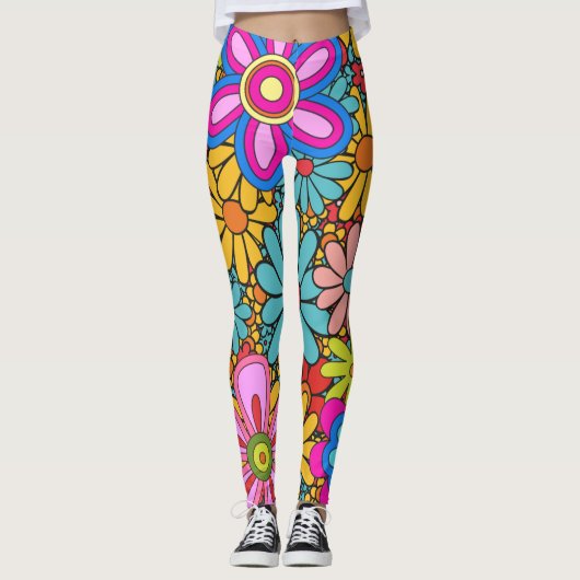 Retro 60er 70er Blume Muster Leggings (Vorderseite)